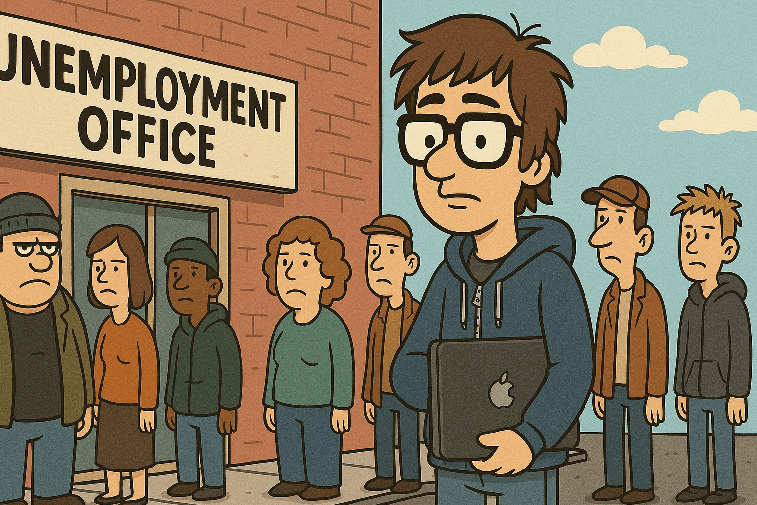 A young main with glasses holding a laptop computer under his arm while standing in an unemployment line