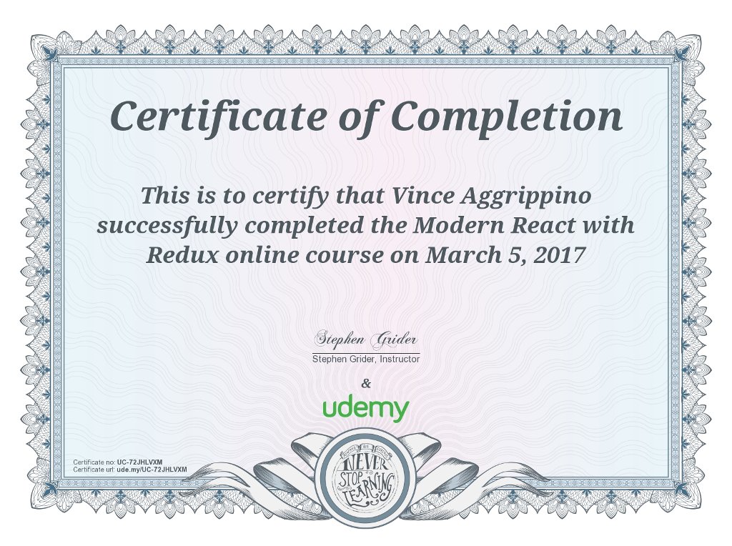Udemy Modern React with Redux certificate