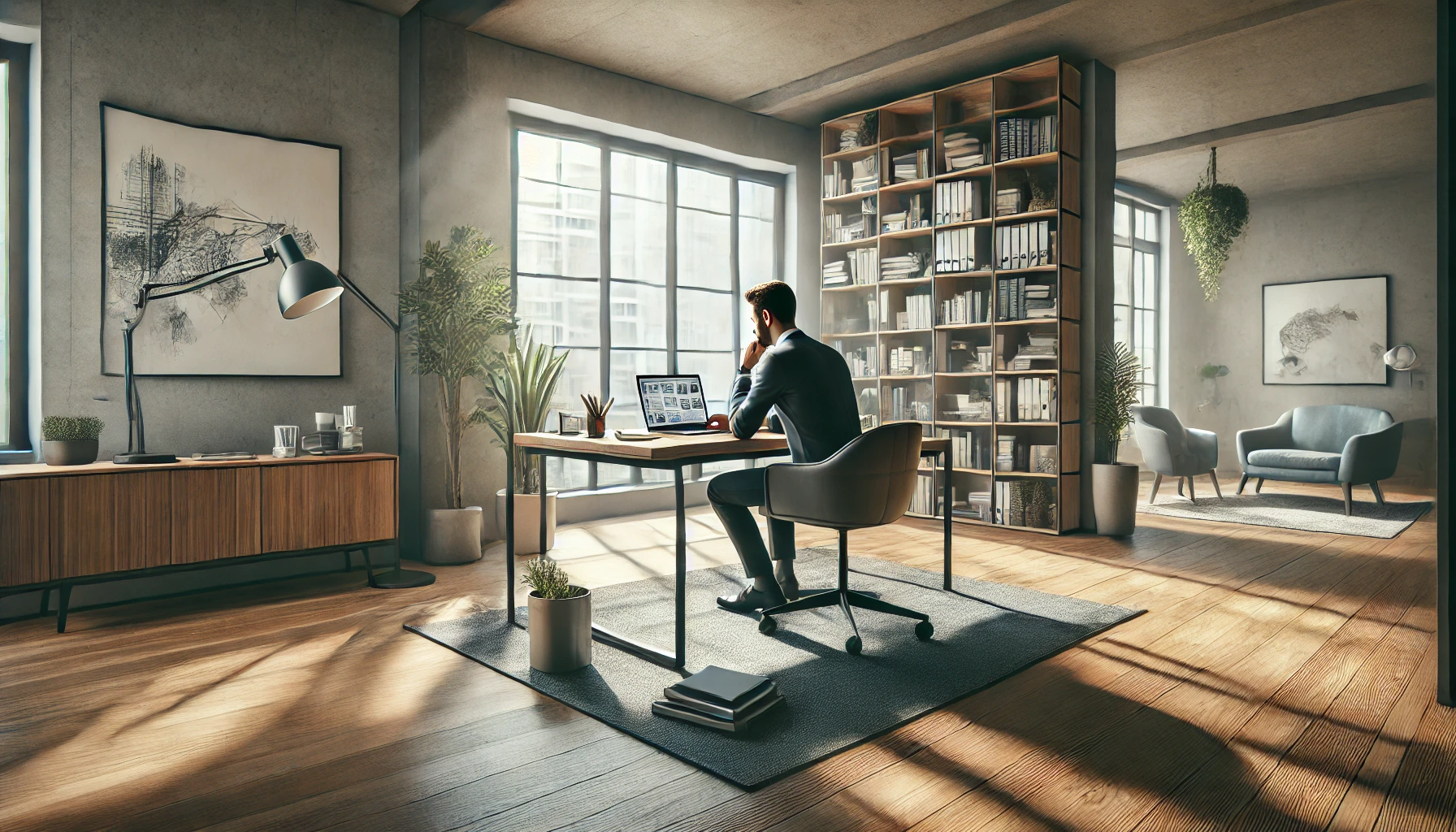 A man sitting alone in a home office working on his laptop.