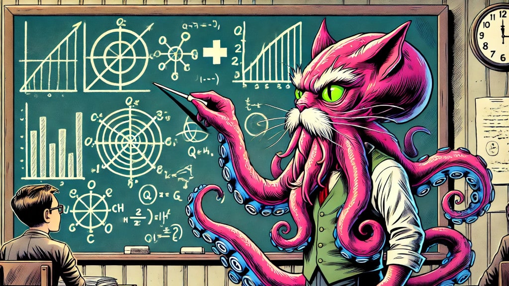 A cartoon image depicting a bipedal octo-cat with pink skin, green eyes, and blue suckers on his tentacles. The octo-cat has white whiskers and bushy white mustache and eyebrows. He is wearing a suit vest with dress shirt, pants, and a tie teaching a complex topic using many charts, graphs and diagrams written on a chalkboard. There is a single student wearing a suit that is probably a school uniform.