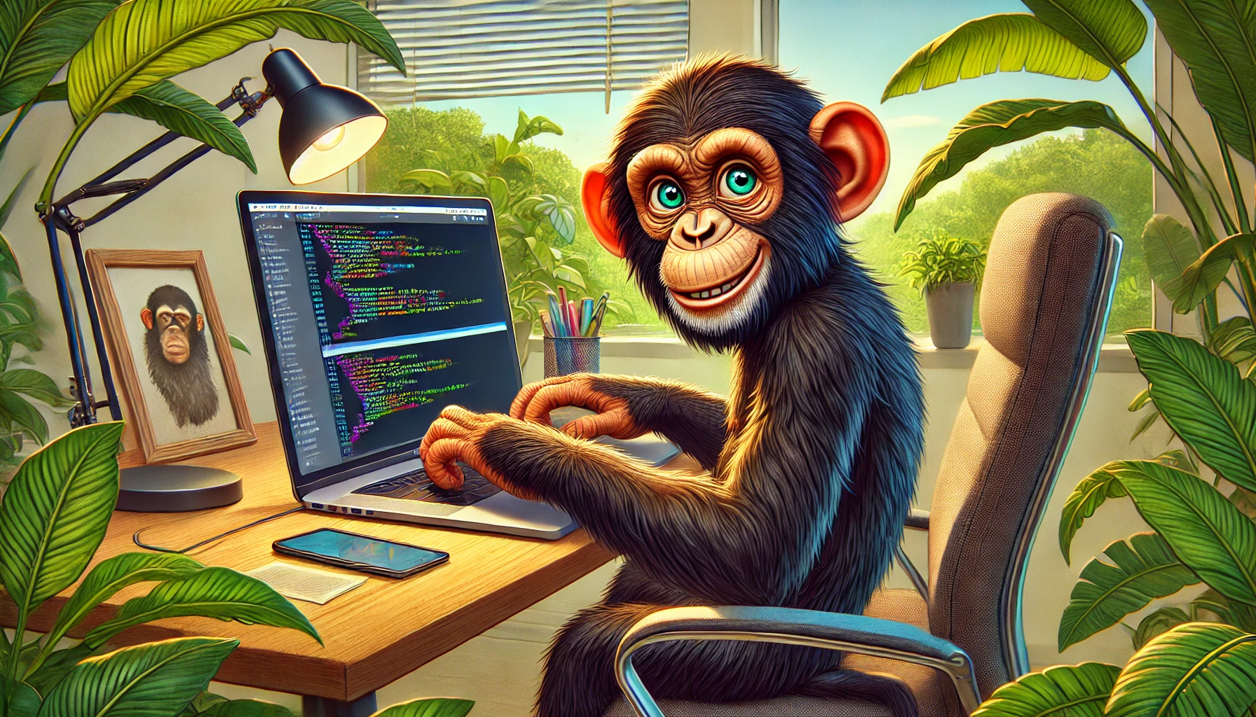 A chimpanzee programming on a laptop