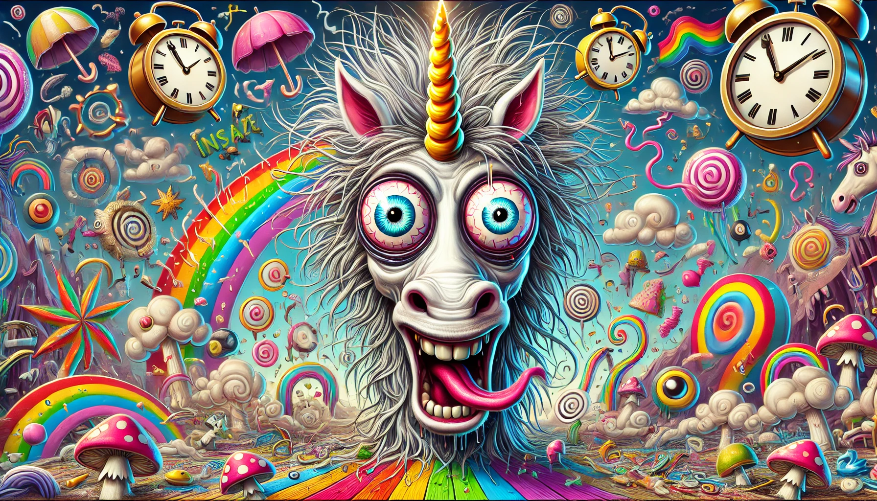 A cartoon depicting an insane unicorn head against a chaotic and colorful background