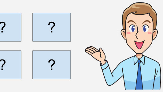 Cartoon man gesturing toward a presentation showing boxes with question marks in them